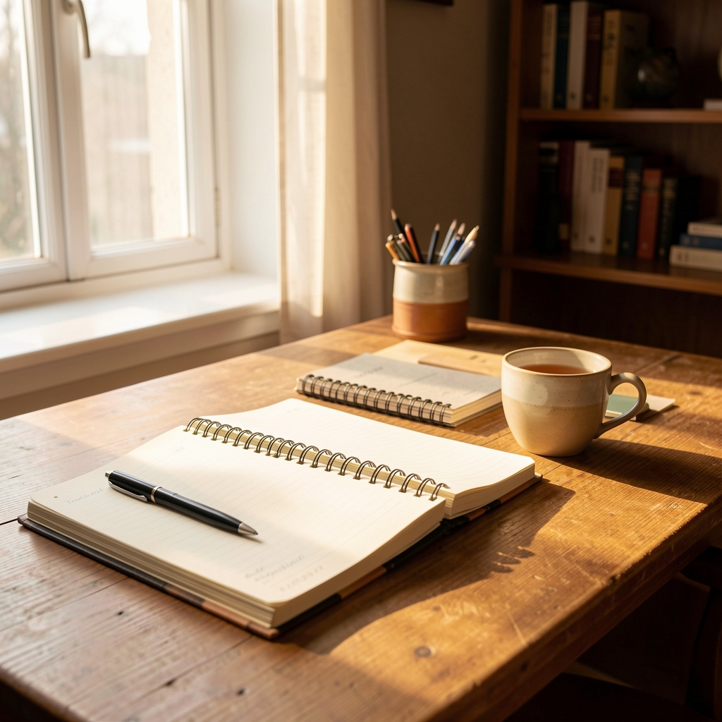 Warm editorial workspace photograph showing a writing desk with notebooks, a cup of tea, and soft morning light from a window