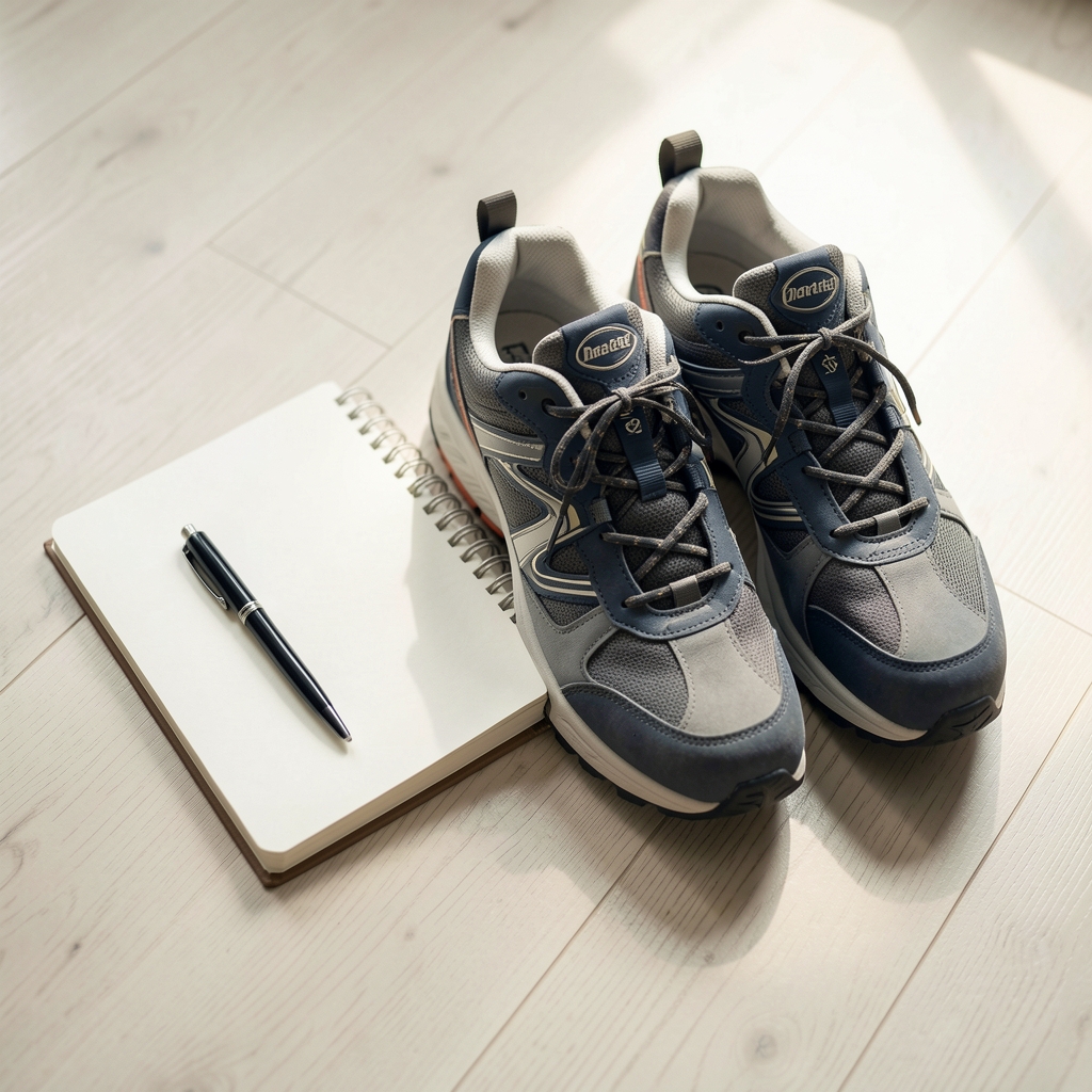 Editorial portrait of a weight loss coach seated at a wooden desk with notebooks and natural window light, warm editorial tone