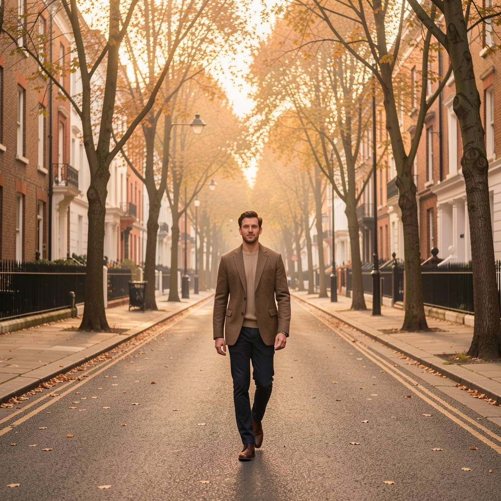 Person walking on a quiet tree-lined street at early morning, soft amber autumn light, editorial photography