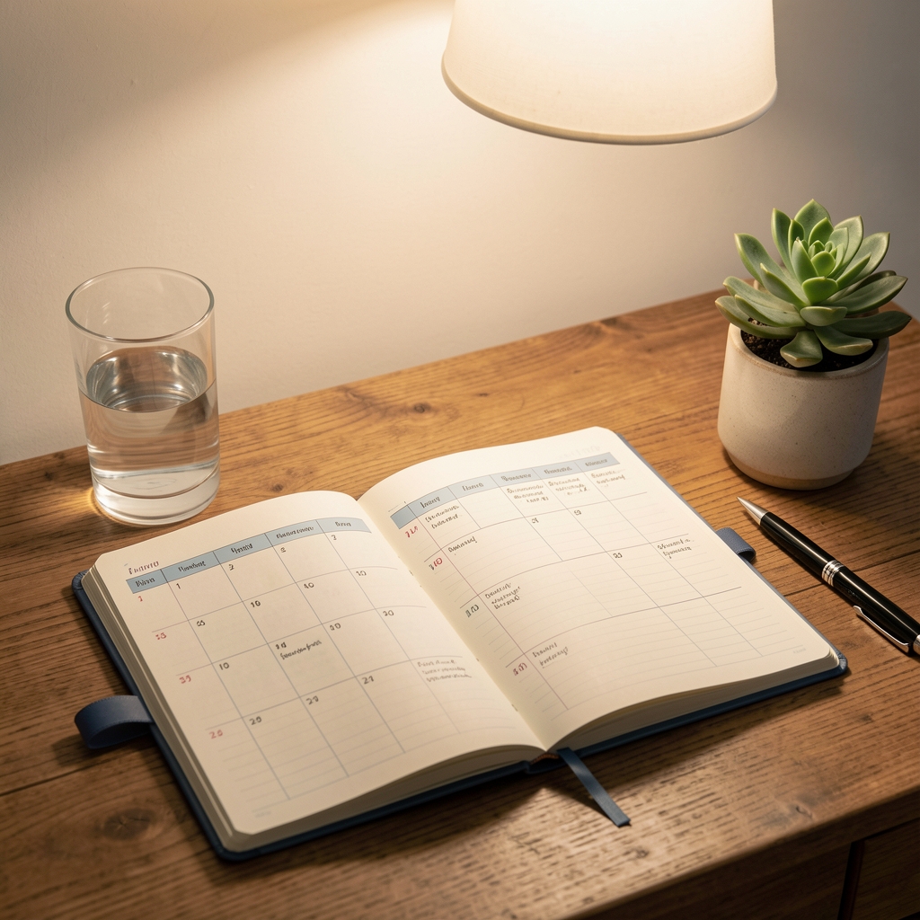 Notebook habit tracker open on a wooden desk beside a glass of water and a small plant, soft lamp light, editorial overhead