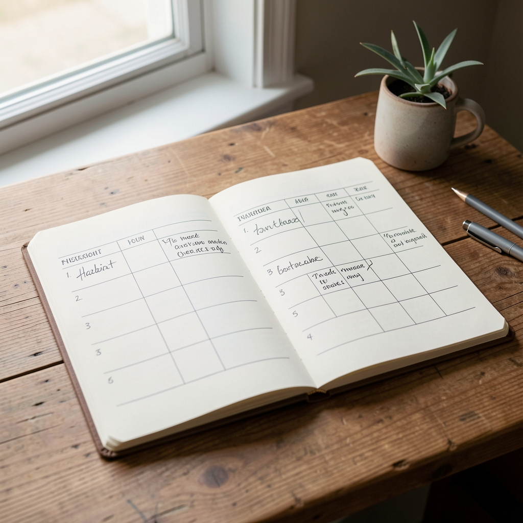 Open notebook with handwritten habit tracker on a wooden desk, natural window light, minimal editorial still life