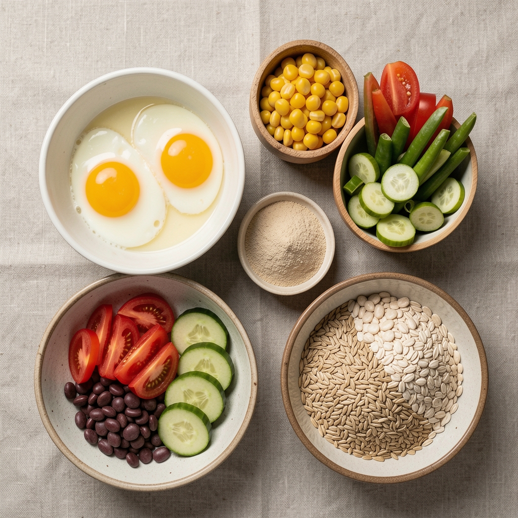Whole foods flat lay with eggs, sliced vegetables, legumes and grains on a neutral linen surface, editorial overhead photography