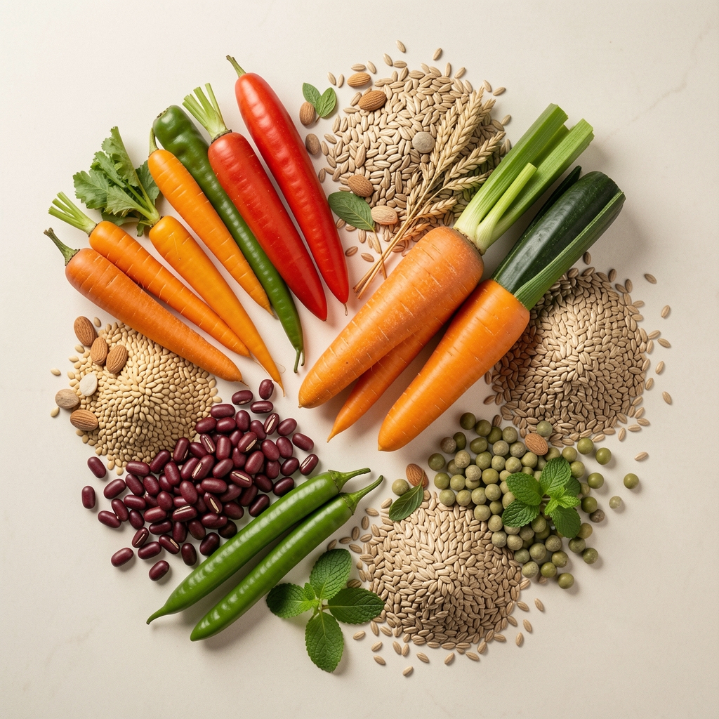 Colourful vegetables, legumes and whole grains arranged on a pale neutral surface, overhead editorial flat lay photography
