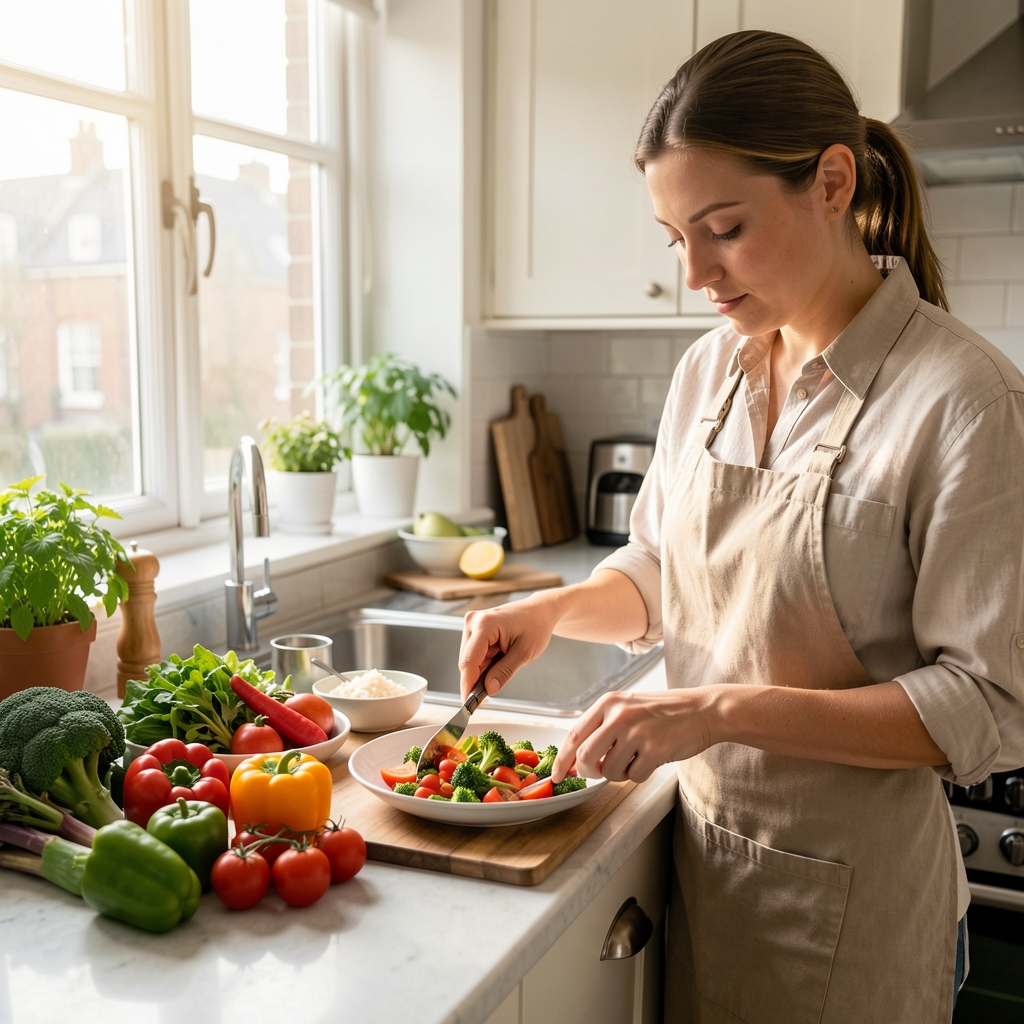 Person preparing a balanced meal in a bright kitchen with seasonal vegetables on the counter, editorial morning light, London