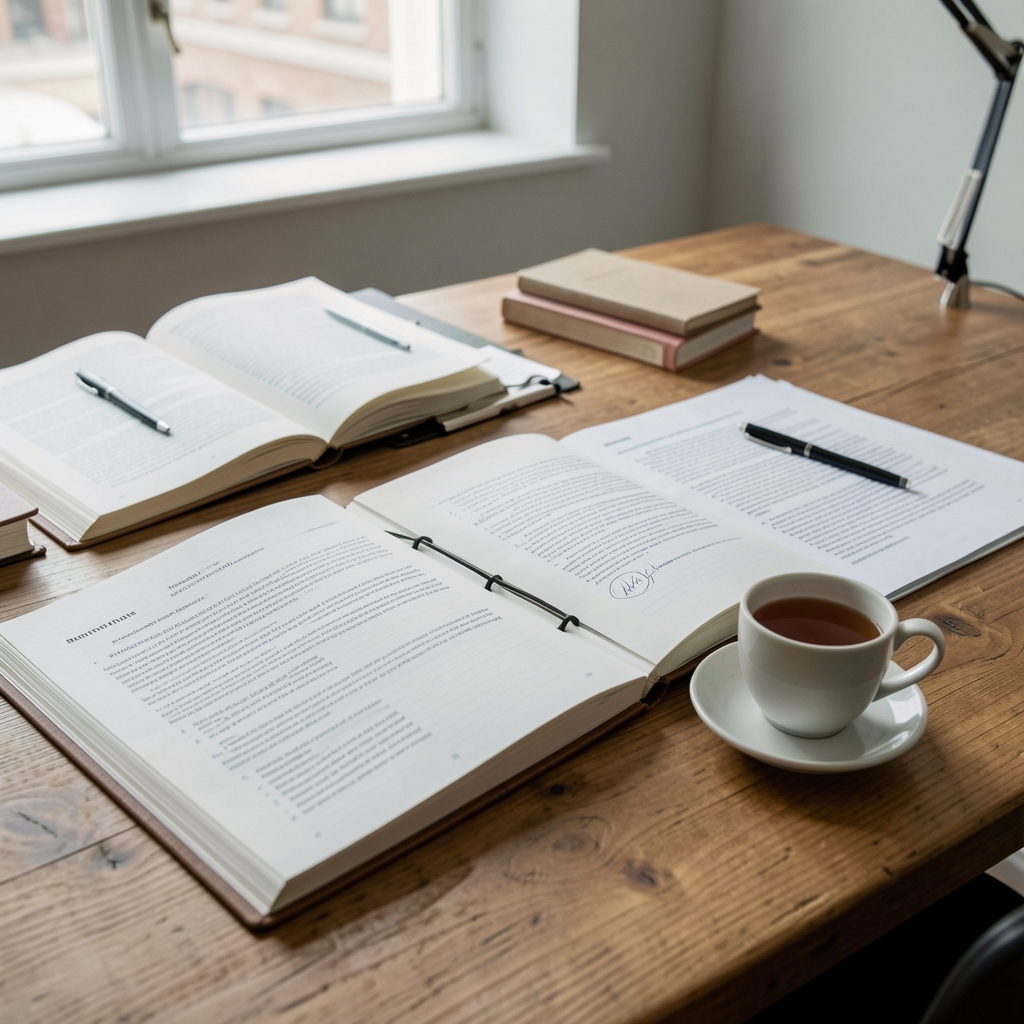 Editorial workspace with open notebooks, printed research papers, and a cup of tea on a wooden desk, natural daylight, documentary photography